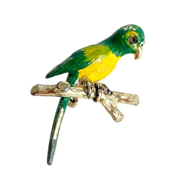 Vintage Parrot Bird Brooch Green Yellow Gold Tone 60s Pin Tiny Small - Picture 1 of 7